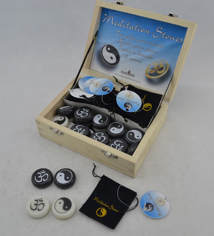 Stone pebble marble beads with engraving YinYang in a wood display box
